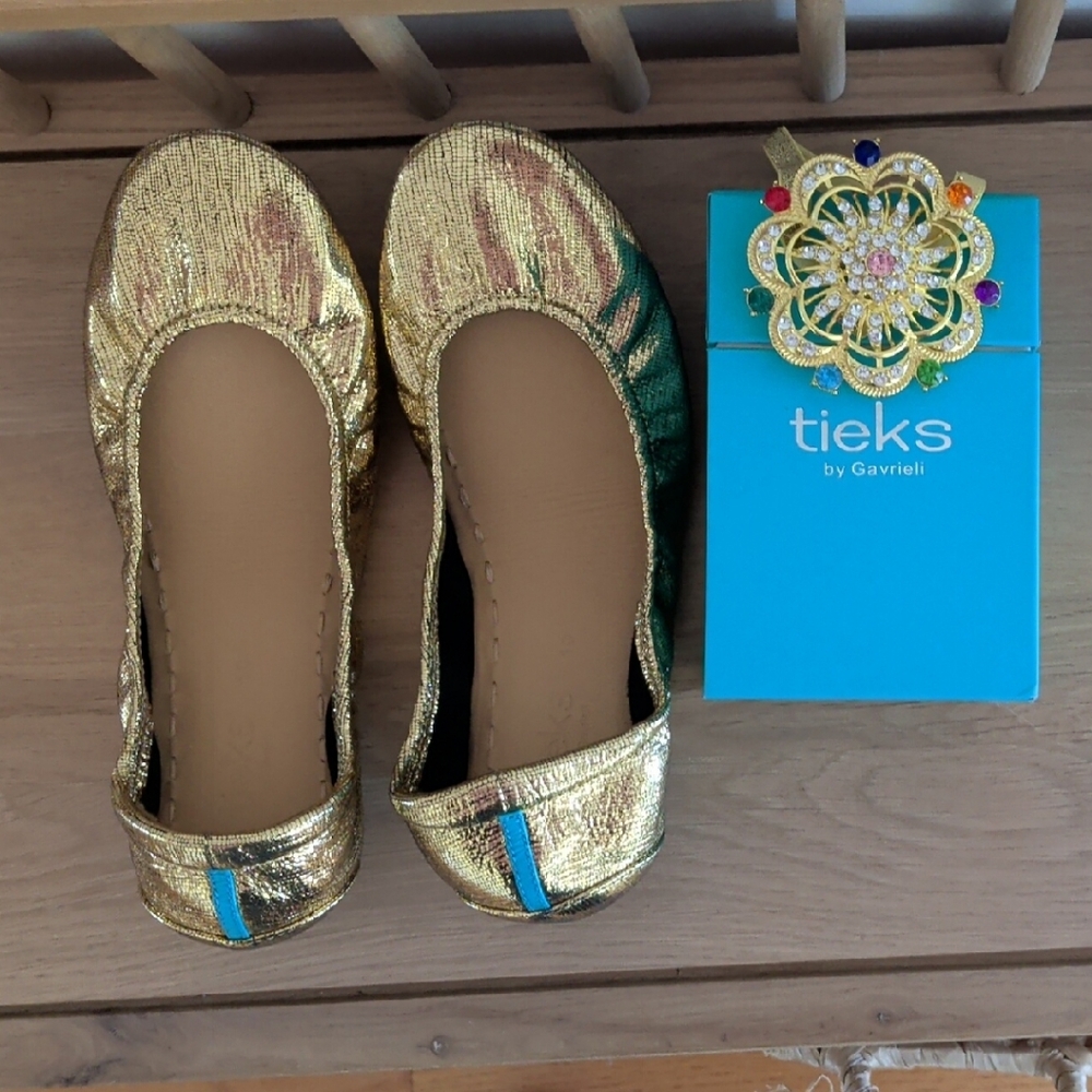 Tieks Gold Ballet Flats with Teal Accent